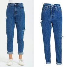 Европейские, американские, простые, рваные джинсы с высокой талией, женские, большие размеры, хлопковые брюки, для отдыха, офиса, джинсовые штаны для женщин