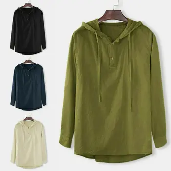 

Men's Linen Hooded T-Shirt Casual Hoodies Long Sleeve Button Shirts Tops Blouses