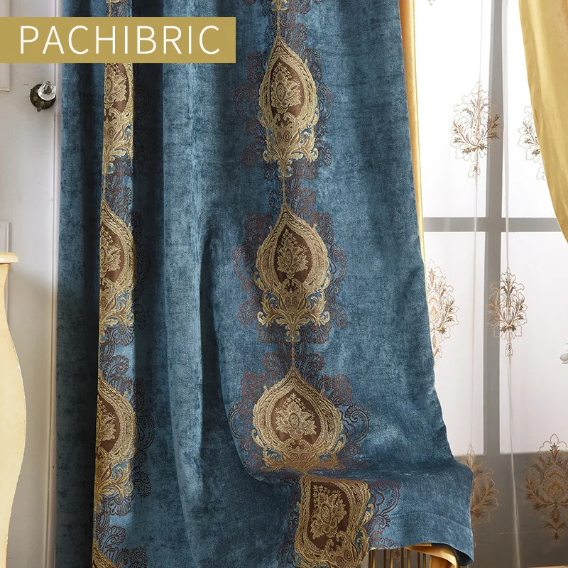 Double velvet high-grade blackout curtains for Living Room Luxury Embroidered Voile Drapes Window Curtain for Bedroom/Hotel