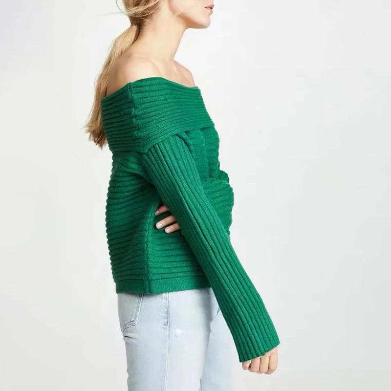 CHICEVER Sexy Striped Knitting Sweaters Female Slash Neck Off Shoulder Long Sleeve Autumn Sweater For Women Fashion Clothes