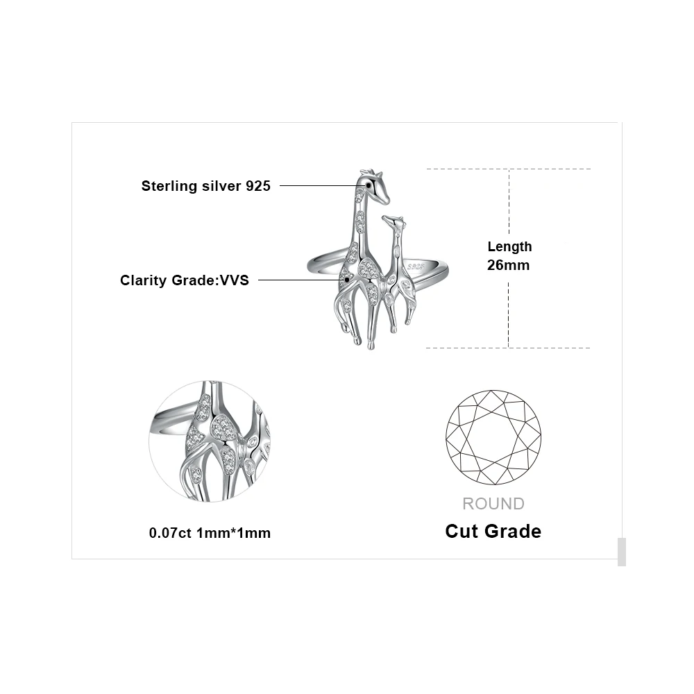 Ювелирные изделия, кубический цирконий, мать и дочь, жираф, регулируемое открытое свадебное кольцо, 925 пробы, серебряные кольца для женщин, подарки