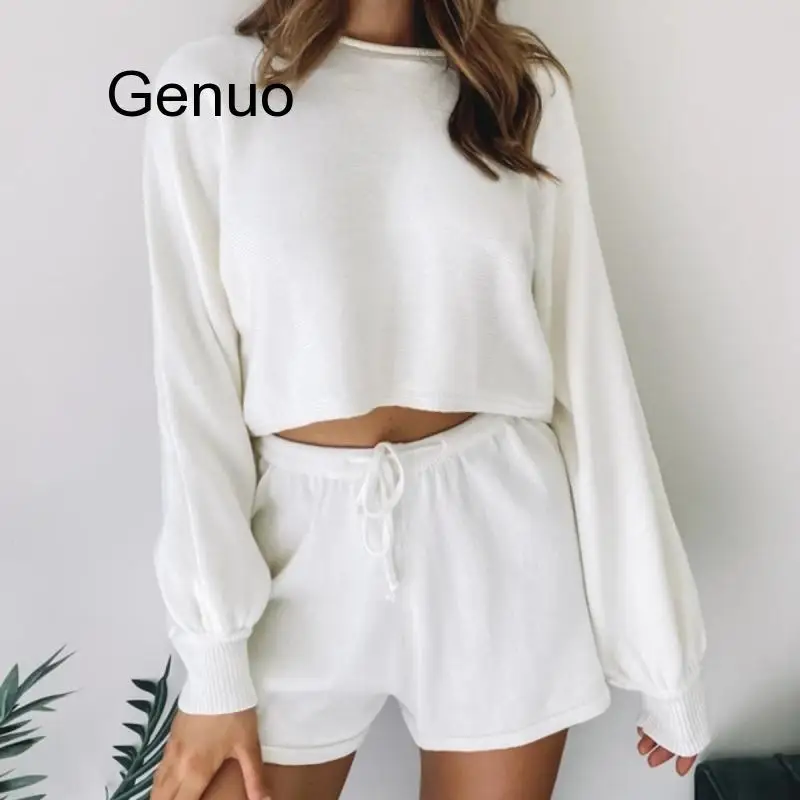 O Neck Long Sleeve Loose Shirt Top Women Set And Shorts Knit Casual Summer Loose Two Piece Sets White Outfits