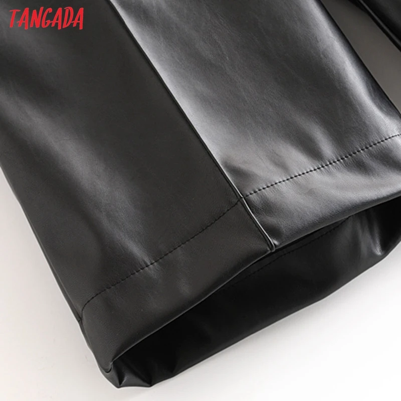 Tangada fashion women faux leather black pants trousers pockets buttons lady knee length pants pantalon 6A319