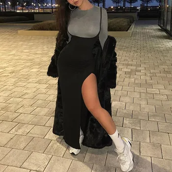 

Side Split Maxi Women's Slip Dress Black High Waist Backless Sexy Female Dresses 2020 Spring Summer Party Fashion Lady Vestidos