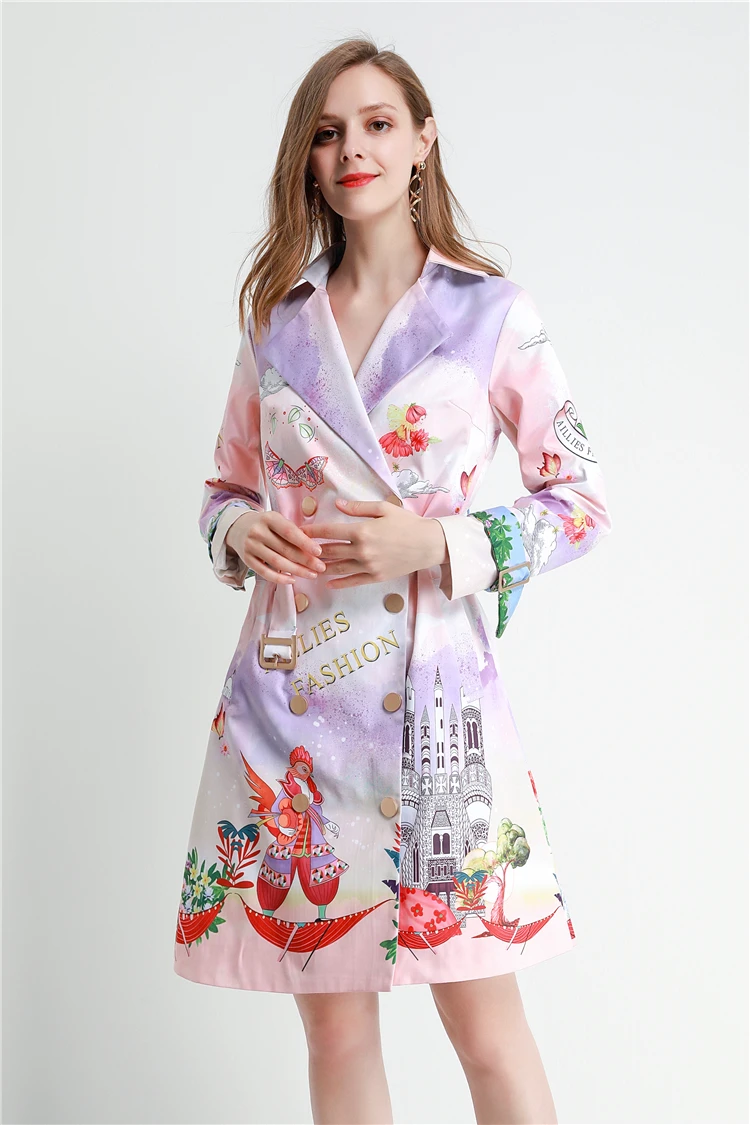Truevoker Designer Printed Trench Coat Women's Runway Fashion Long Sleeves Vintage Building Printed Knee Length Outerwear