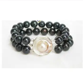 

Free shipping new hot Genuine 8" 2row 12mm round black pearl bracelet Mabe 925s clasp