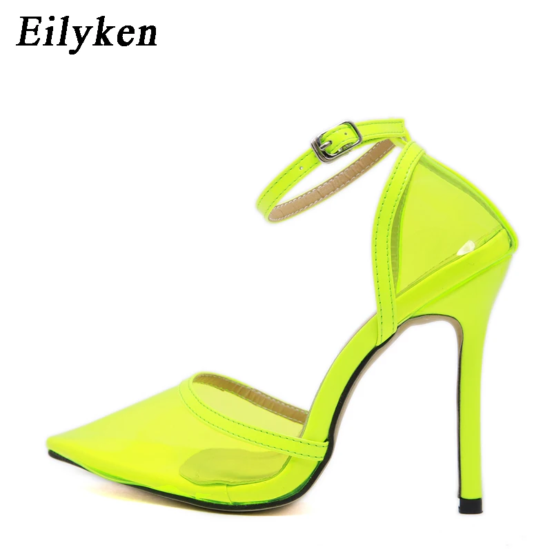 Green EilyKen/пикантные прозрачные туфли-лодочки из пвх; свадебные туфли-лодочки с острым носком и ремешком на щиколотке; вечерние женские туфли на высоком каблуке - Цвет: Green