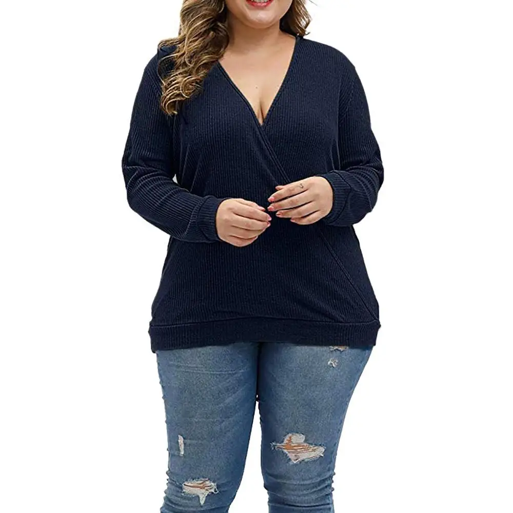 

Plus Size Women V-Neck Long Sleeve Shirts Solid Wrap Deep Cross Pullover Blouse Tops Spring Autumn Harajuku Top Female Clothing