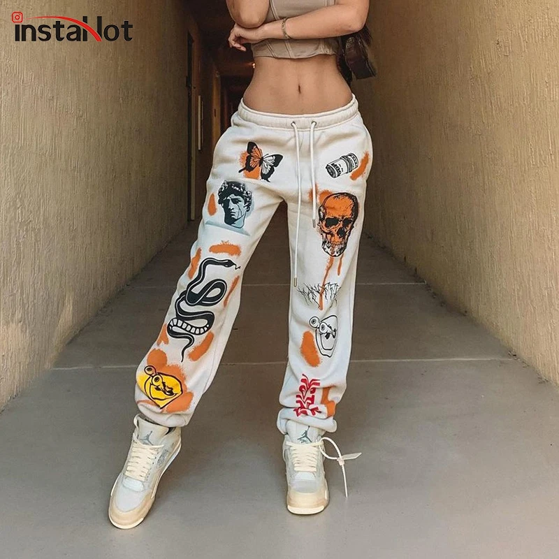 InstaHot-Pantalón de chándal Harajuku para mujer, pantalón con estampado de dibujos animados, para correr, con cordón, ropa de calle informal, Otoño, 2021
