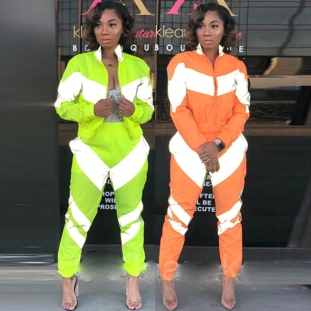 Women Long Sleeve Fluorescent Orange Green Two Piece Set Reflective Neon  Patchwork Pants Outfit Spring Sweatsuits Tracksuit - Pant Sets - AliExpress
