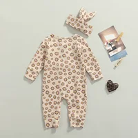 Citgeett Autumn Newborn Baby Girls Boys Casual Outfits Flower Print Long Sleeve Jumpsuit + Bowknot Headband Clothes 3