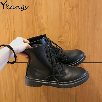 

Women Martin Ankle Boots Autumn Winter Platform Black Punk chelsea Shoes PU Leather Botas Cross-tied Botines Combat Boot Atudent