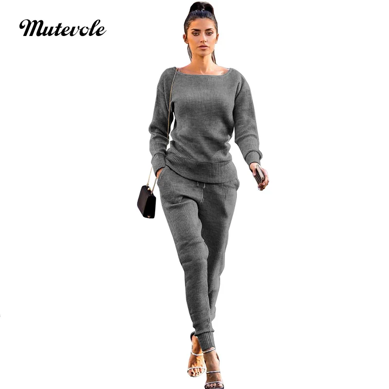 

Mutevole Women Autumn 2 Piece Knitted Set Casual Solid Two Piece Ribbed Set Female Pullover Top and Drawstring Pants Outfits
