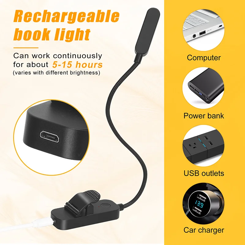 Mini LED Book Light USB Rechargeable Flexible Night Light Clip-On Desk Lamp for Travel Bedroom