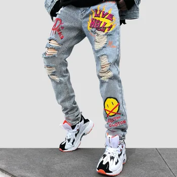 

Hip Hop Denim Pants Jeans Graffiti Smiley Print Ripped Hole Streetwear Casual Harajuku Trousers Hipster Distressed Pencil Pants