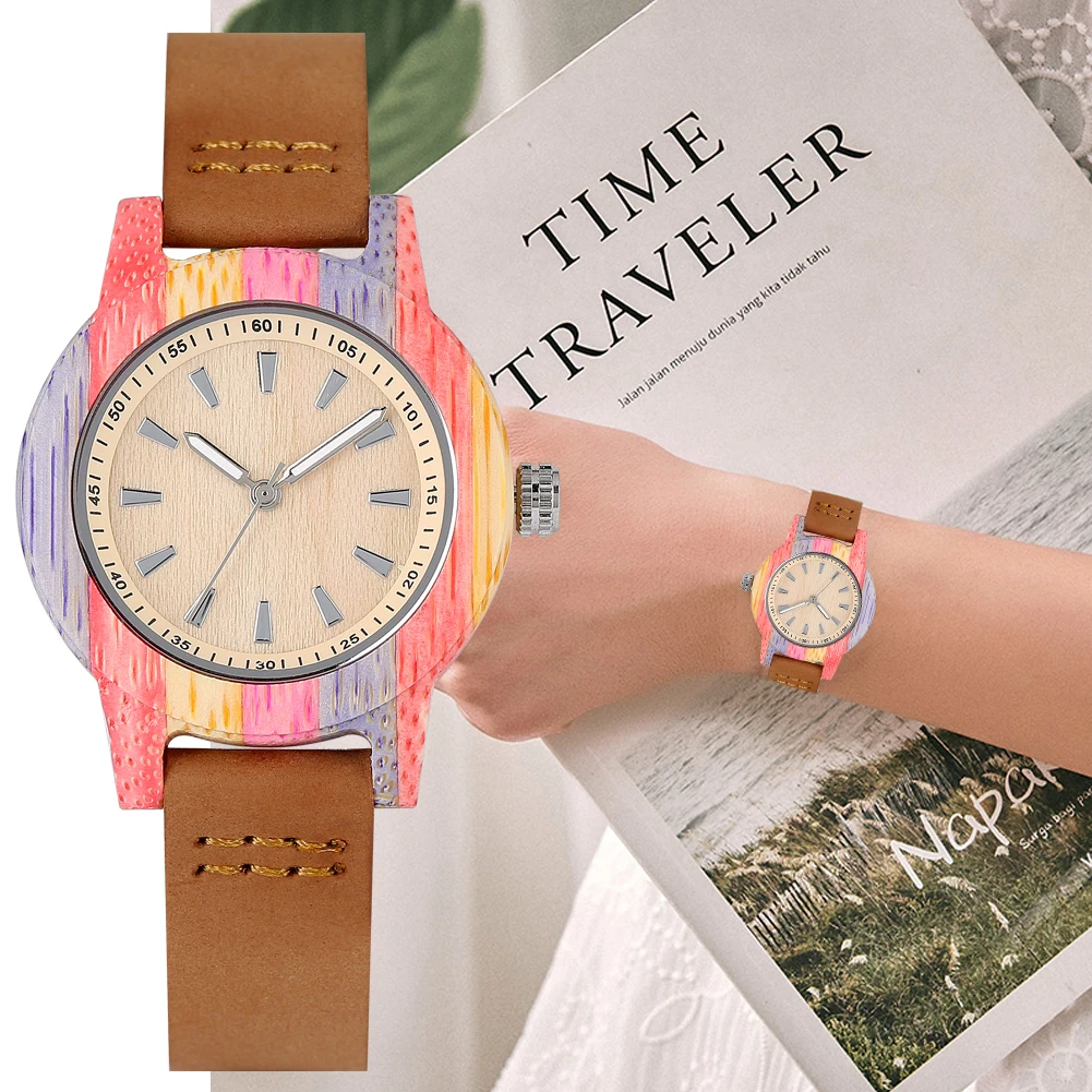 

Creative Brown Bamboo Wood Watch Woman Quartz Analog Genuine Leather Handmade Wooden Wristwatch Luminous Pointers zegarek damski