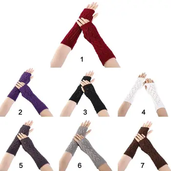 

Women Winter Hollow Out Leaf Crochet Fingerless Gloves Ribbed Knit Trim Arm Warm Solid Color Stretchy Mittens with Thumbhole
