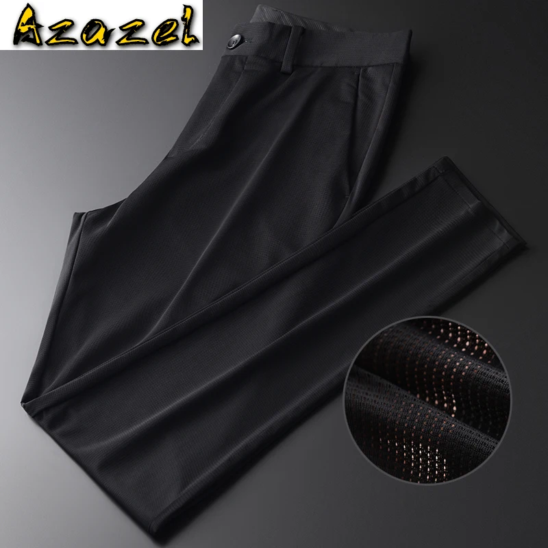 

Azazel Summer Thin Mens Pants Luxury Solid Color Silk Lodowaty Ventilate Elastic Male Pants Fashion Slim Casual Men's Trousers