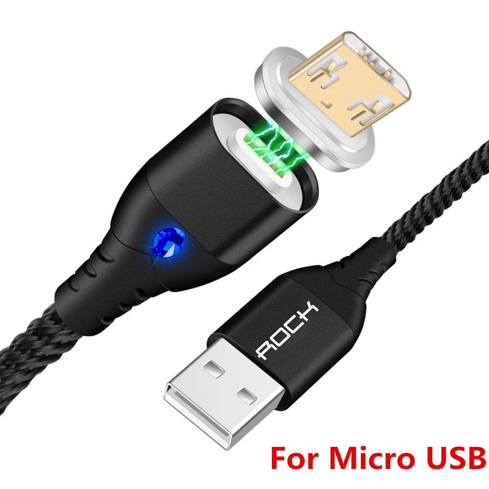 Black For Micro USB Магнитный кабель ROCK 5A, супер быстрый зарядный кабель для передачи данных, usb type C кабель со светодиодной подсветкой для iPhone Xiaomi Huawei Android Phone 1 м - Цвет: Black For Micro USB