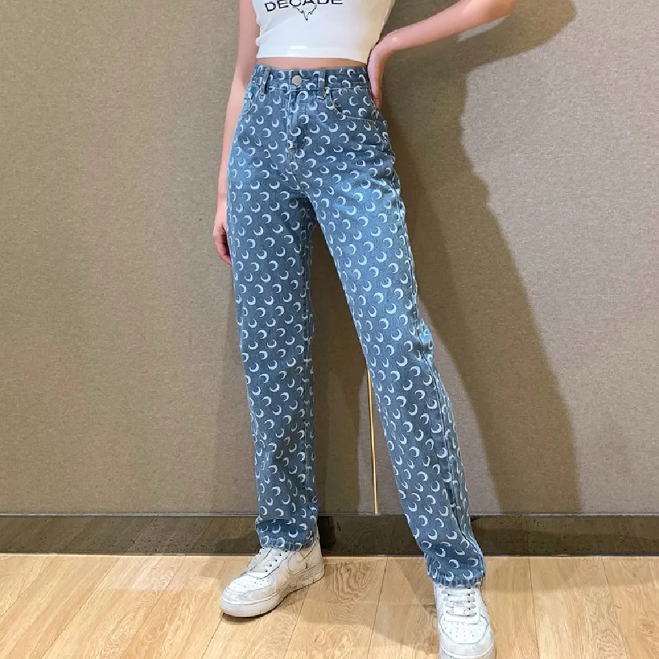 slim fit Moon Print Pants Straight Leg Mom Jeans Women High Waist Denim Trousers Slim Streetwear 2021 Fashion Y2k Style Baggy Clothing cargo pants for women