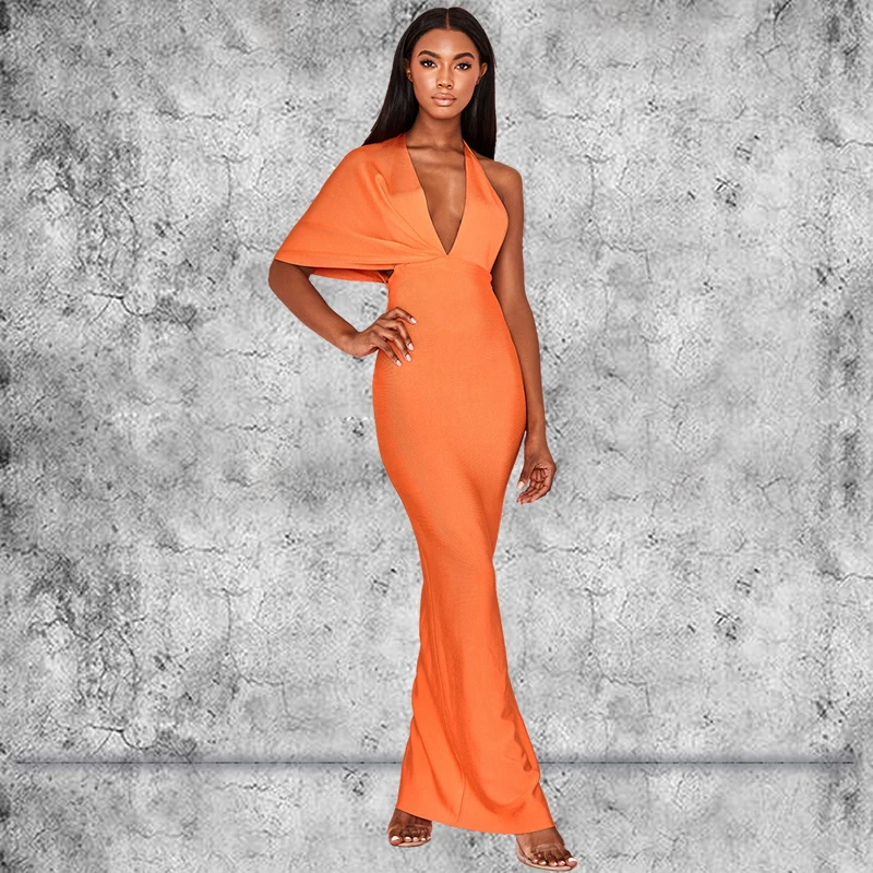 Sexy Halter Open Vork Drape Maxi Bandage Jurk Zomer Diepe V-hals Lange Party Jurken Avond Oranje Zwart