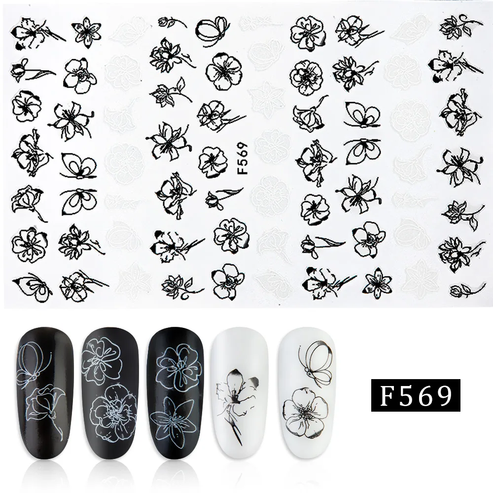 F569 1 шт черно-белые стикеры 3D на ногти Nail Art слайдеры геометрические русские буквы цветы лист клей наклейки для ногтей Фольга наклейки для ногтей - Цвет: F569