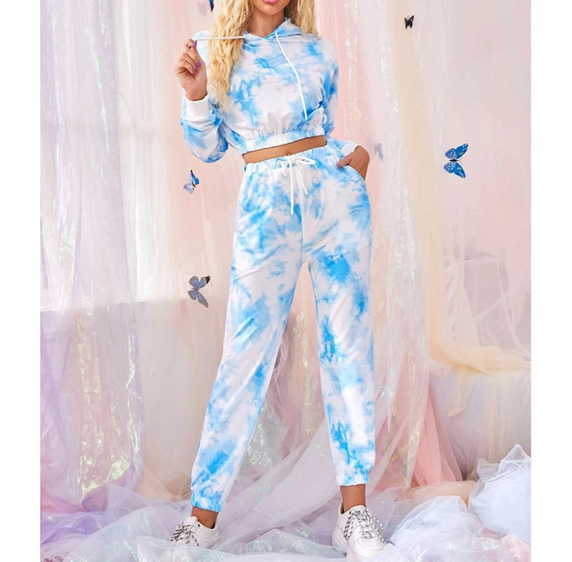 Tie Dye Tracksuit Women Hoodie Crop Top 