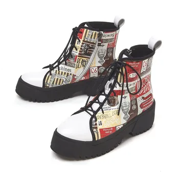 

Genuine Leather Ankle Boots Lace-Up Wedge Platform Shoes Woman Fashion Graffiti Booties Comfortable Winter Female Riding Boots