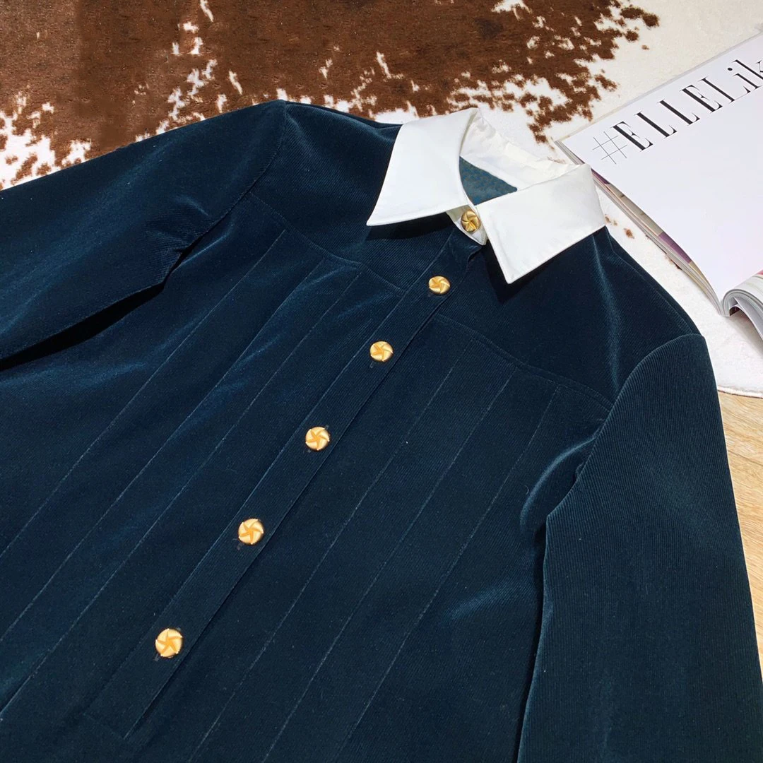 new ladies fashion long-sleeved contrast color lapel retro corduroy buckle pleated dress 1019