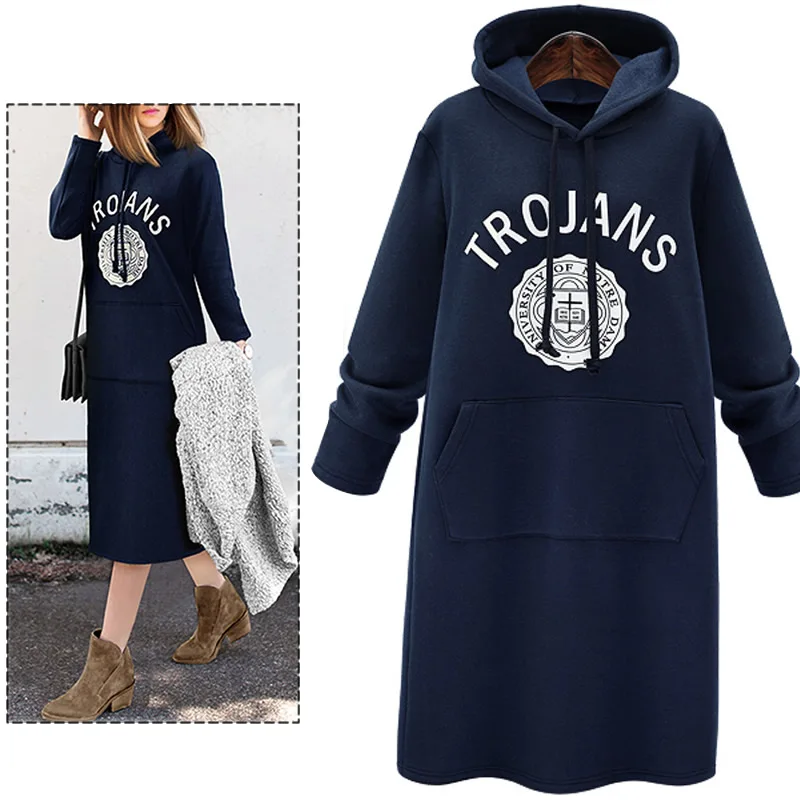 

Autumn Winter Female Hooded Sweatshirts Dress With Siamese Cap Long Sleeve Loose Pullovers Plus Size XL-5XL Feminine Vestidos