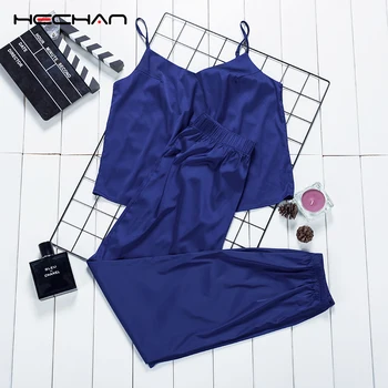 

HECHAN Blue Sleepwear Women Set Satin Crop Top And Pants Sleeveless Female Pajamas Autumn Casual Home Suit Sets Silk Loungewear