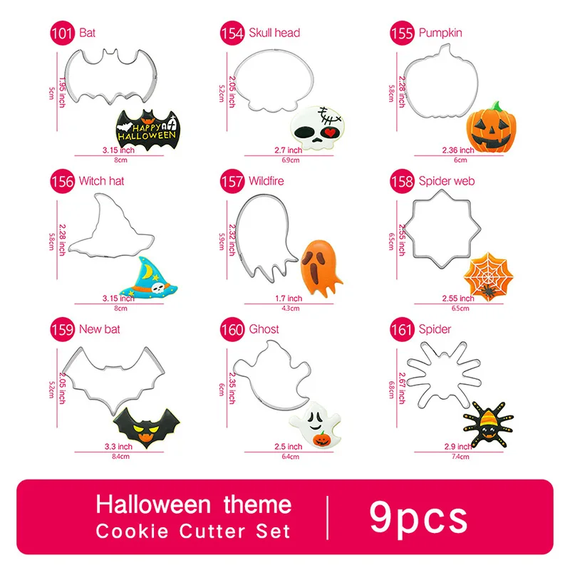 

Halloween Cookie Cutter Set - 9pcs - Fondant Cake Cookie Biscuit Mold for Kids Holiday Wedding Birthday Party - Stainless Steel