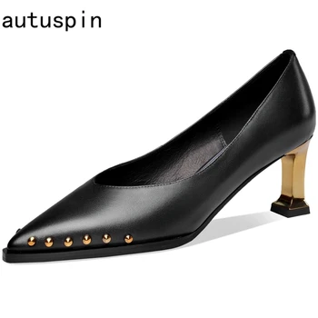 

Autumn New Women Genuine Leather High Heels 2020 Fashion Rivets Decor Pointed Toe Pumps Netural Woman Office Party Shoes Black