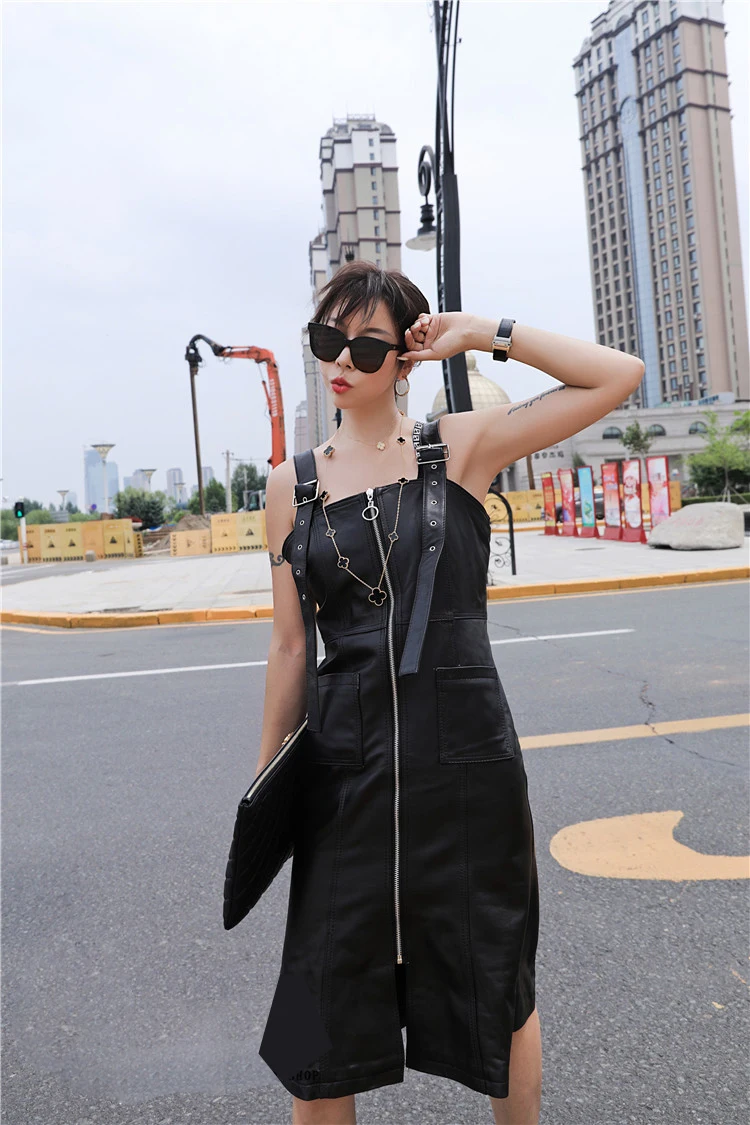 Платье из натуральной кожи Highstreet с пряжкой на ремешке, o-образным кольцом, на молнии, женское осеннее платье, подол с разрезом, черные платья по колено