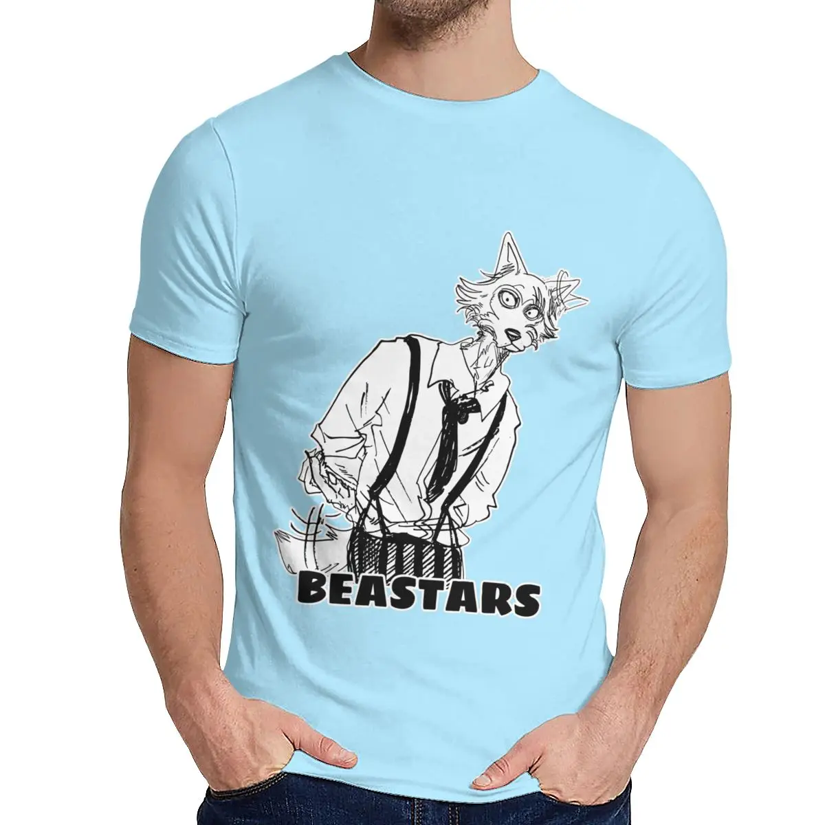 Круглый воротник Beastars аниме треугольник футболка животных Волк пушистый Манга Футболка графический принт для мужчин чистый хлопок Топ тройник - Цвет: Небесно-голубой