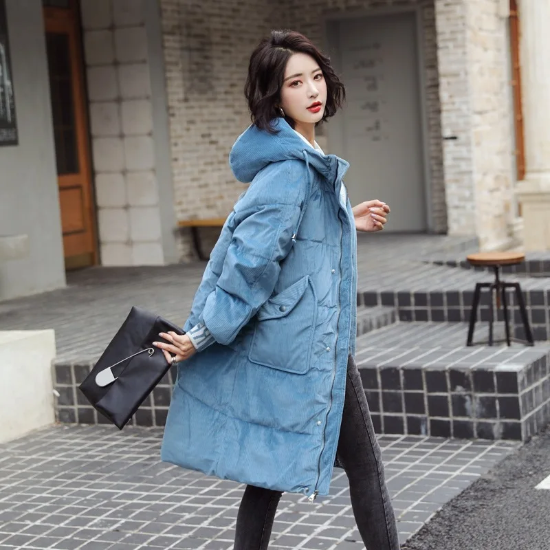 

2019 New Style Gold Velvet down Jacket Cotton-padded Clothes Women's Mid-length INS Hooded Thick over-the-Knee Cotton-padded Jac