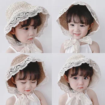 

3669 Parent-child Hat Baby Fisherman's Hat with Lace Lovely Baby Girl's Straw Hat Mother's Sun Hat 4 Colors