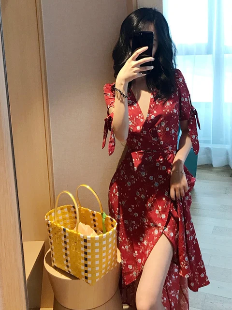 red dress with small white flowers