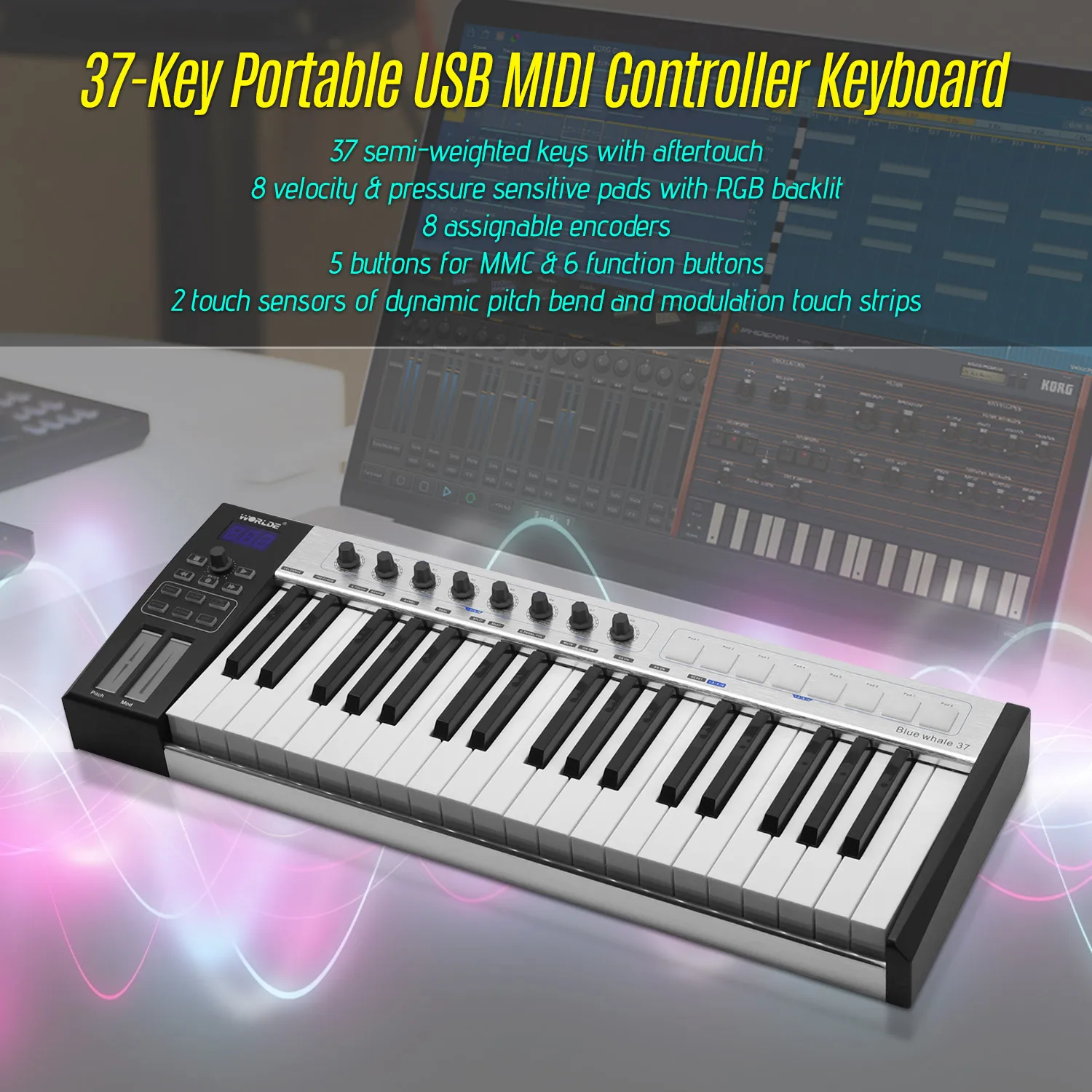 WORLDE синий кит 37 USB MIDI контроллер клавиатура 37 полувзвешенные клавиши 8 RGB с подсветкой триггерные подушки светодиодный дисплей с usb-кабелем