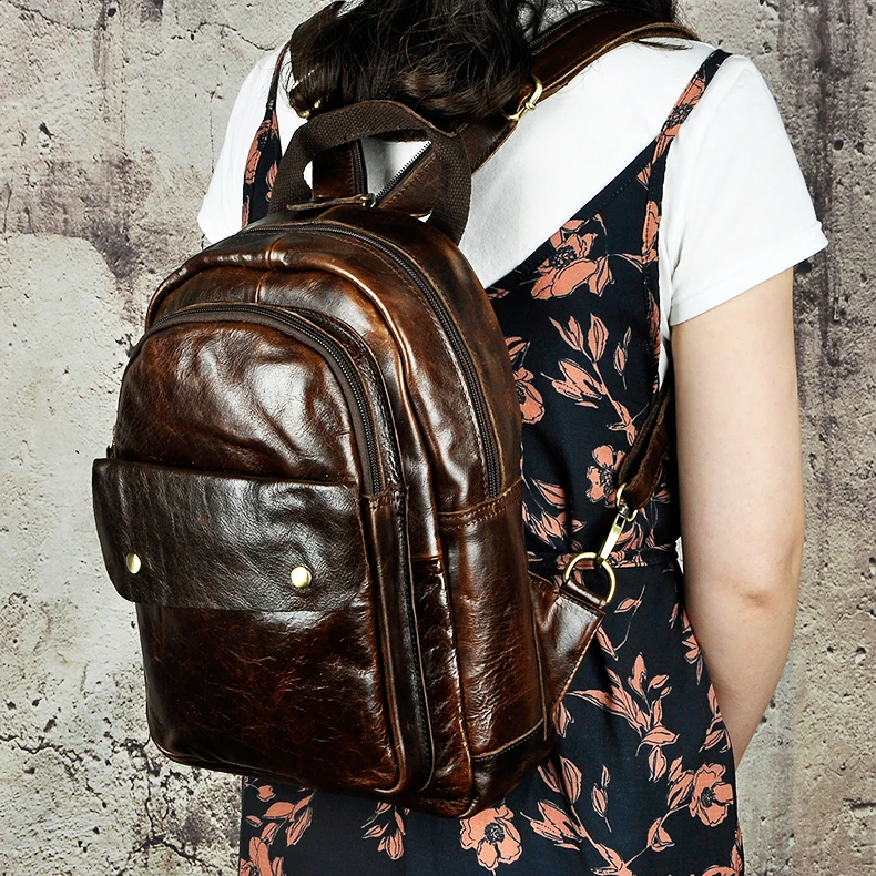 Unisex Original Leather Fashion Travel College School Book Bag Female Women Ladies Backpack Student Chest Sling Bag 1307-dc