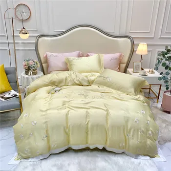

Summer 60 Tencel Four-piece Set Chrysanthemum Embroidered Plain Color Viscose Bare Sleeping Silky Sheet Quilt Cover Bedding Arti
