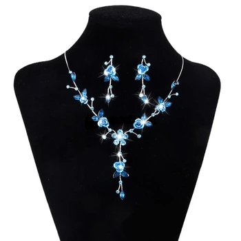 

Free Shipping Blue Rhinestone Bridal Jewelry Set Wedding Prom Party Accessories Leaf Flower Necklace Earring Set For Brides