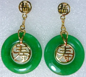 

4 choices Wholesale green jade chinese character longevity,happy,love, forture lucky earring#