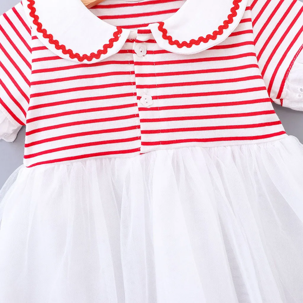 Платье для девочки; воротник-кукла; Полосатое кружевное шелковое газовое платье для девочки