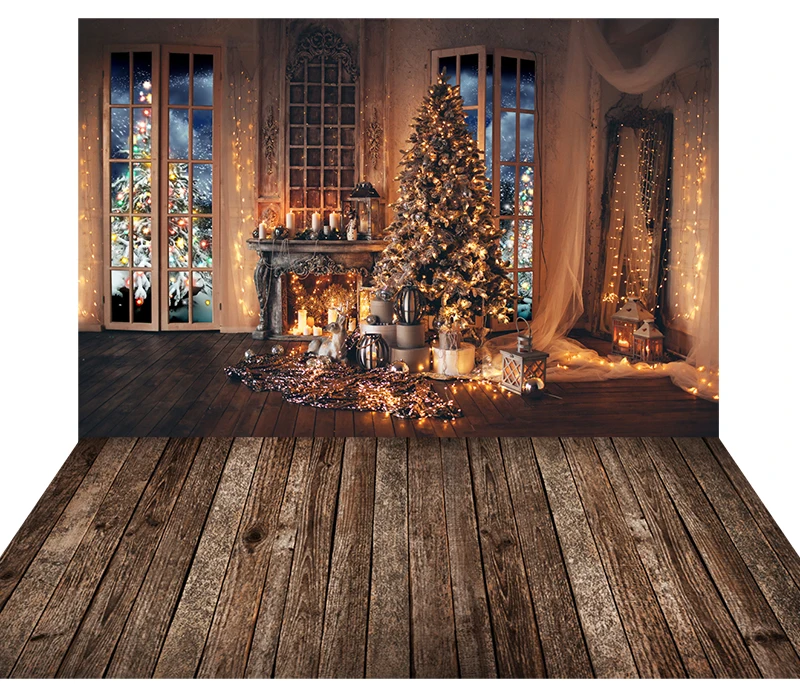 

BACKDROP AND FLOOR COMBO SET Christmas Decoration Tree Retro Vintage Wooden Wall Fireplace Christmas Backdrops for Photo Studio