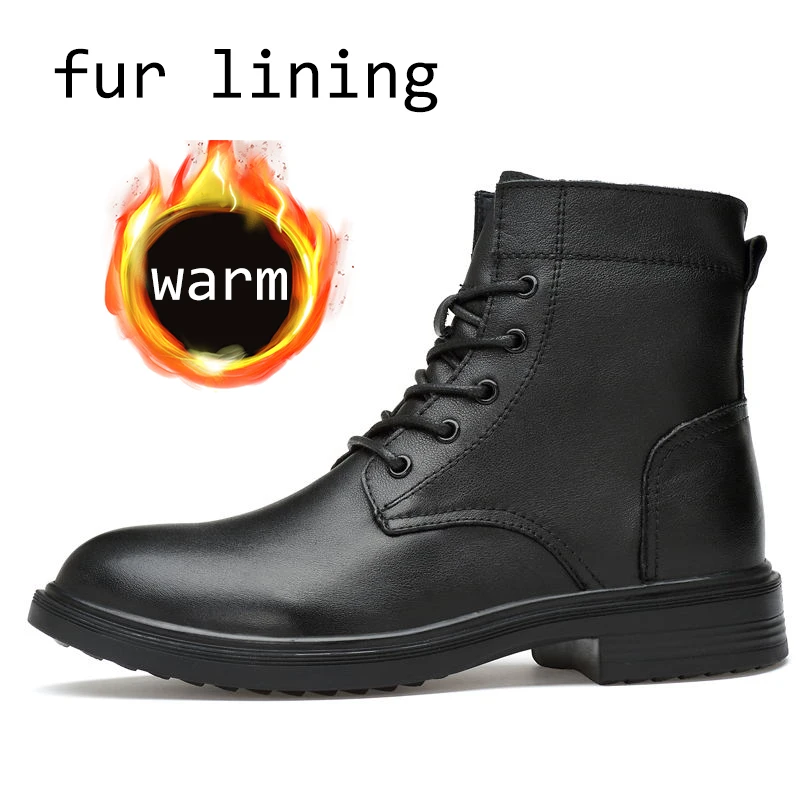 Autumn Winter Warm Genuine leather Ankle Men Boots snow Shoes fur plush classic Male Casual Boot Sneakers Footwear - Цвет: 9958Black-M