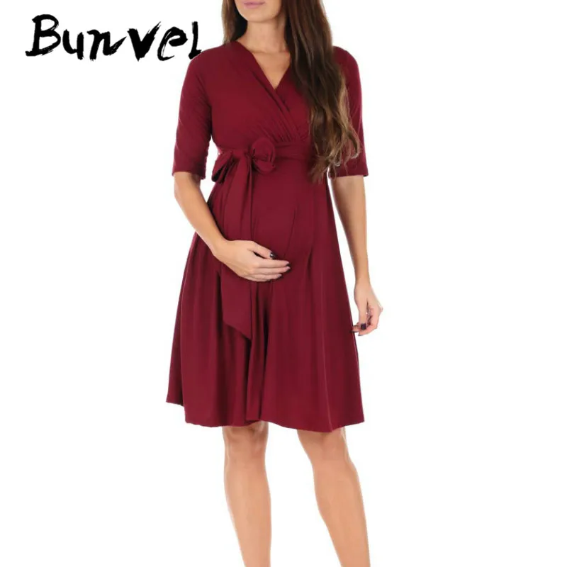 Платье bunvel для беременных с поясом, Повседневная однотонная Одежда для беременных с v-образным вырезом, мини сарафаны для мам, женская одежда размера плюс