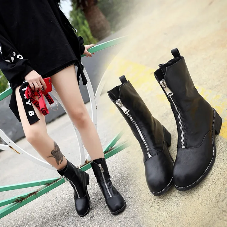 

British Style Tube Martin Boots Women's Flat Versatile Chunky Front Zipper Short Boots Women's plus Velvet Students Casual WOMEN