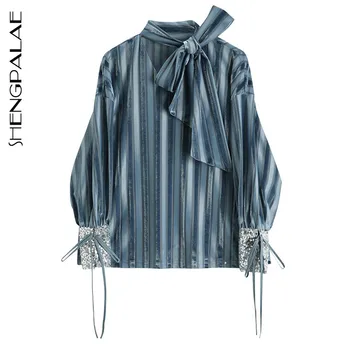 

SHENGPALAE 2020 New Autumn Winter Stand Collar Long Sleeve Blue Striped Holow Out Sequins Shirt Women Blouse Fashion Tide JR668