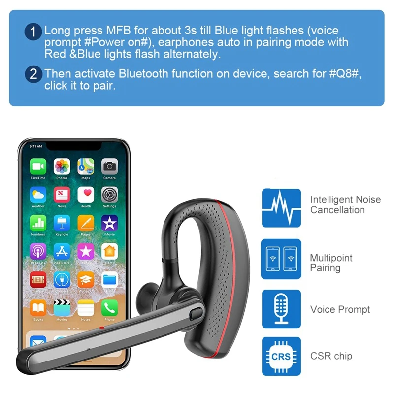 Bluetooth-гарнитура, беспроводная бизнес-гарнитура, до 16 часов затычек для офиса/вождения/встречи, для iPhone X для Samsun